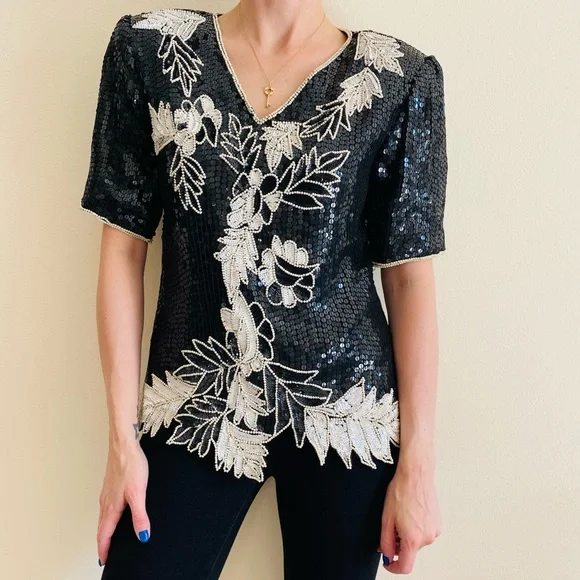 Stenay Vintage beaded 100% silk short sleeve sequins top - Picture 2 of 7